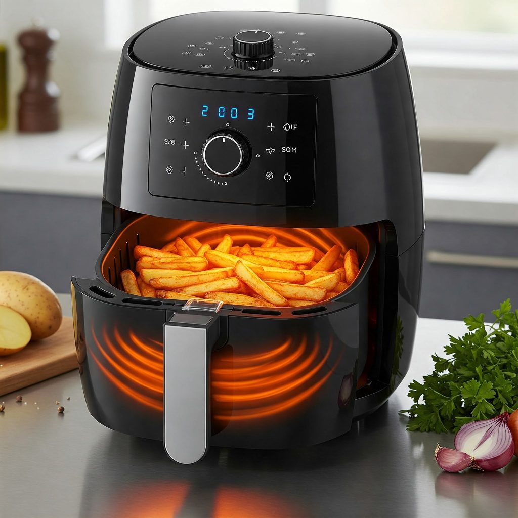 A modern air fryer circulating hot air around food for crispy cooking.