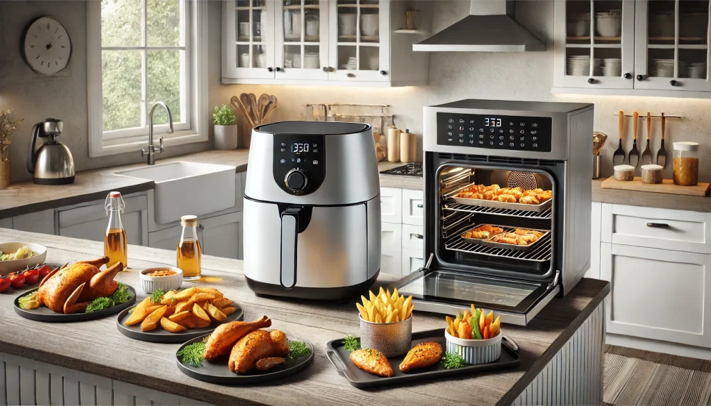 A modern kitchen countertop featuring an air fryer and a convection oven side by side with crispy fries, roasted chicken, and vegetables.