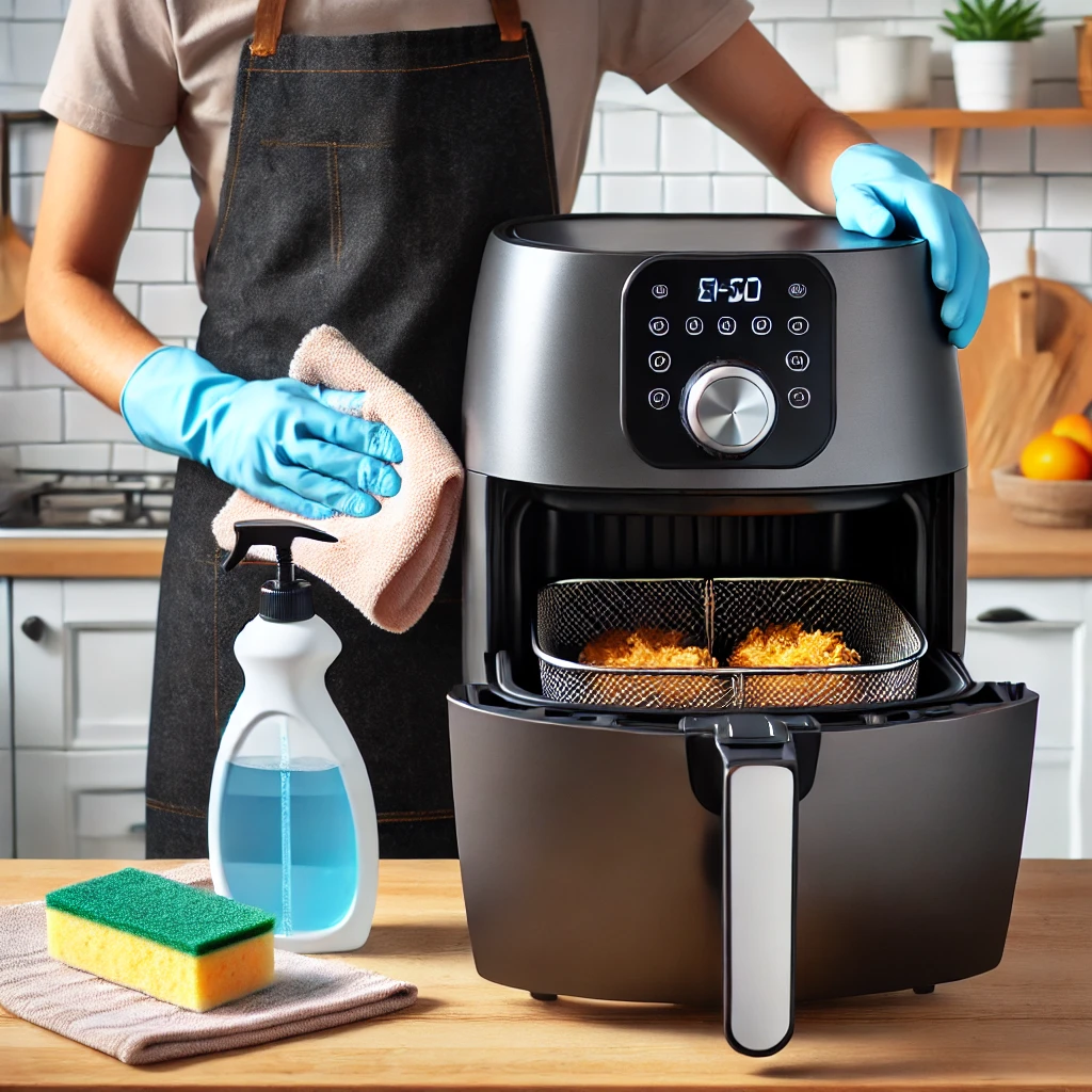 A person cleaning an air fryer basket with a sponge.