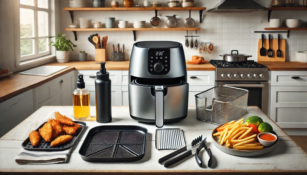 A kitchen countertop displaying essential air fryer accessories like a silicone liner, rack, oil sprayer, tongs, and a thermometer next to an air fryer.